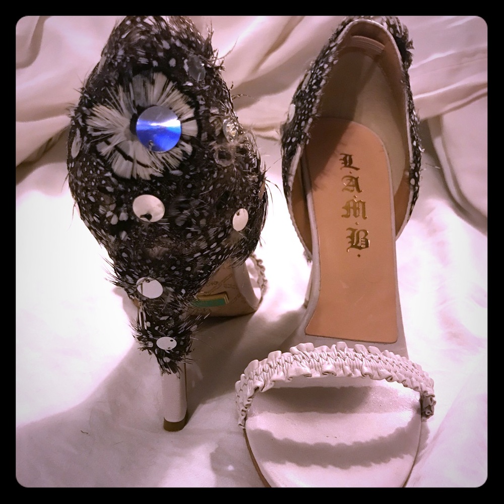 L.A.M.B Leslie Feather Sandal Heels